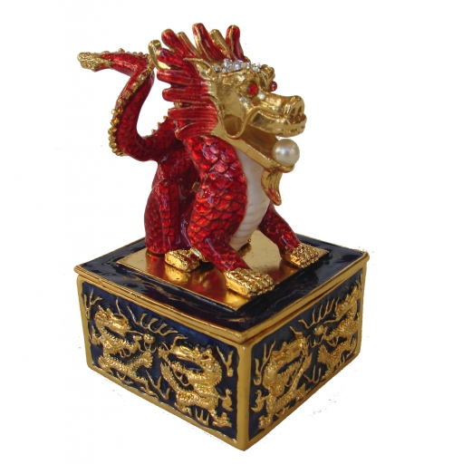Bejeweled Cloisonne Dragon on Seal Statue